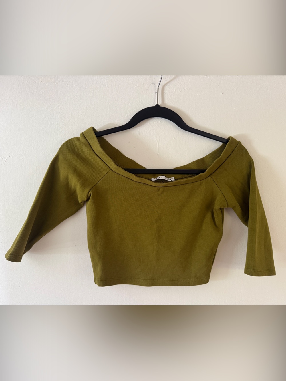 Zara Olive Cropped Boatneck Knit Top